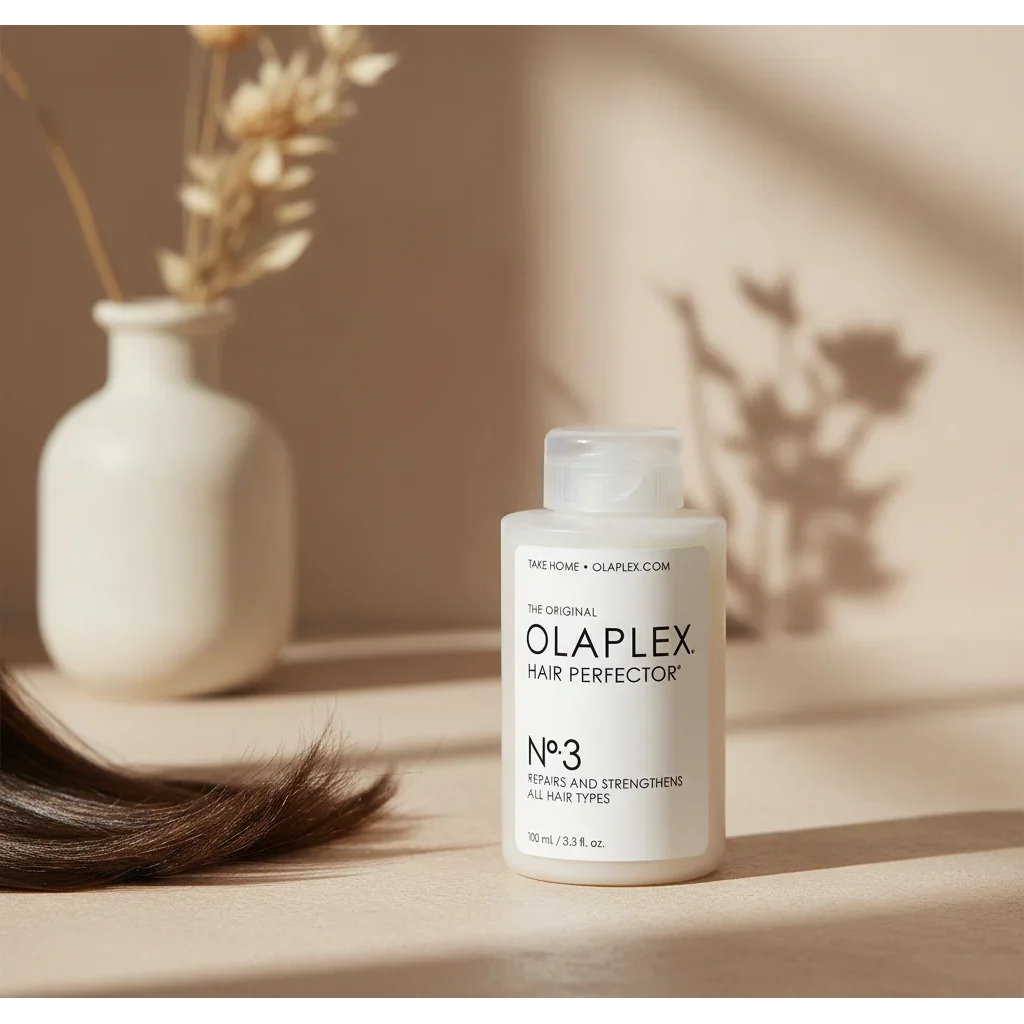 Olaplex No. 3 Hair Perfector bottle on beige table with vase and hair strand, hair treatment