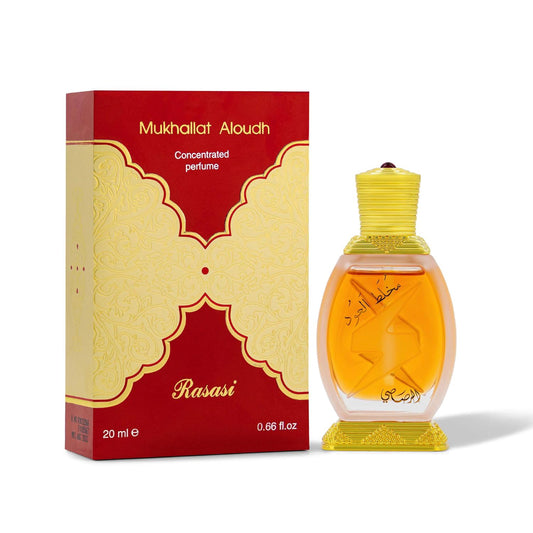 Rasasi Mukhallat Aloudh concentrated perfume bottle with ornate red and gold packaging