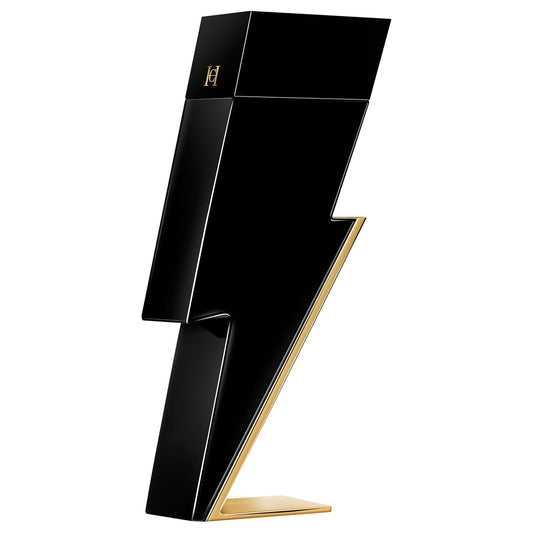 Luxury black and gold perfume bottle with sleek geometric design