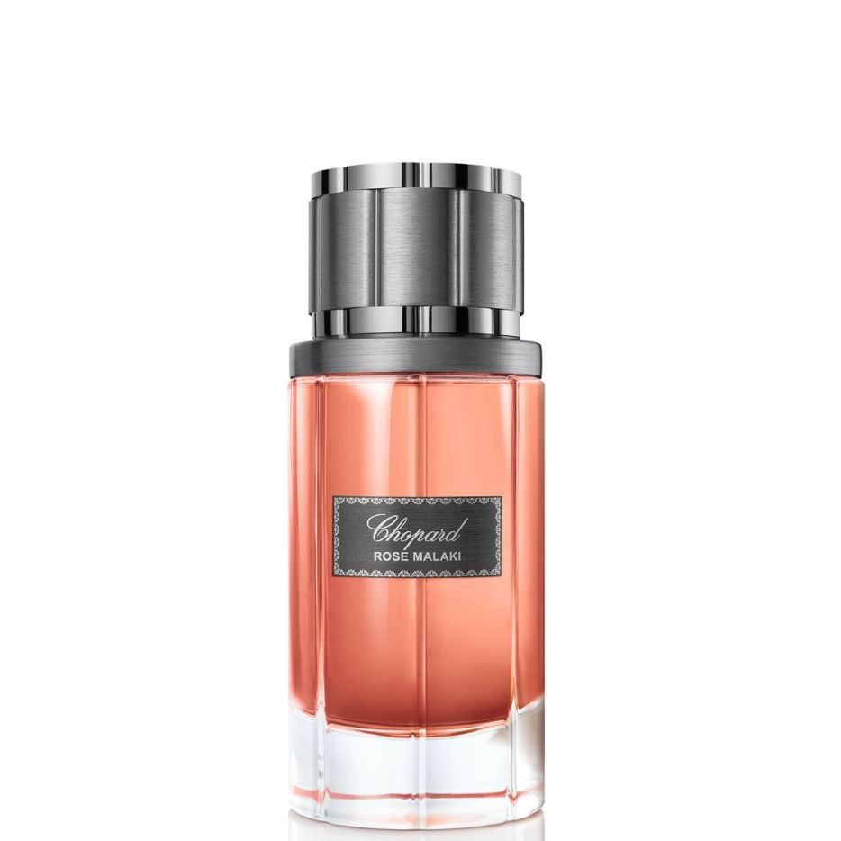 Chopard Rose Malaki perfume bottle with rose-colored liquid and metallic cap