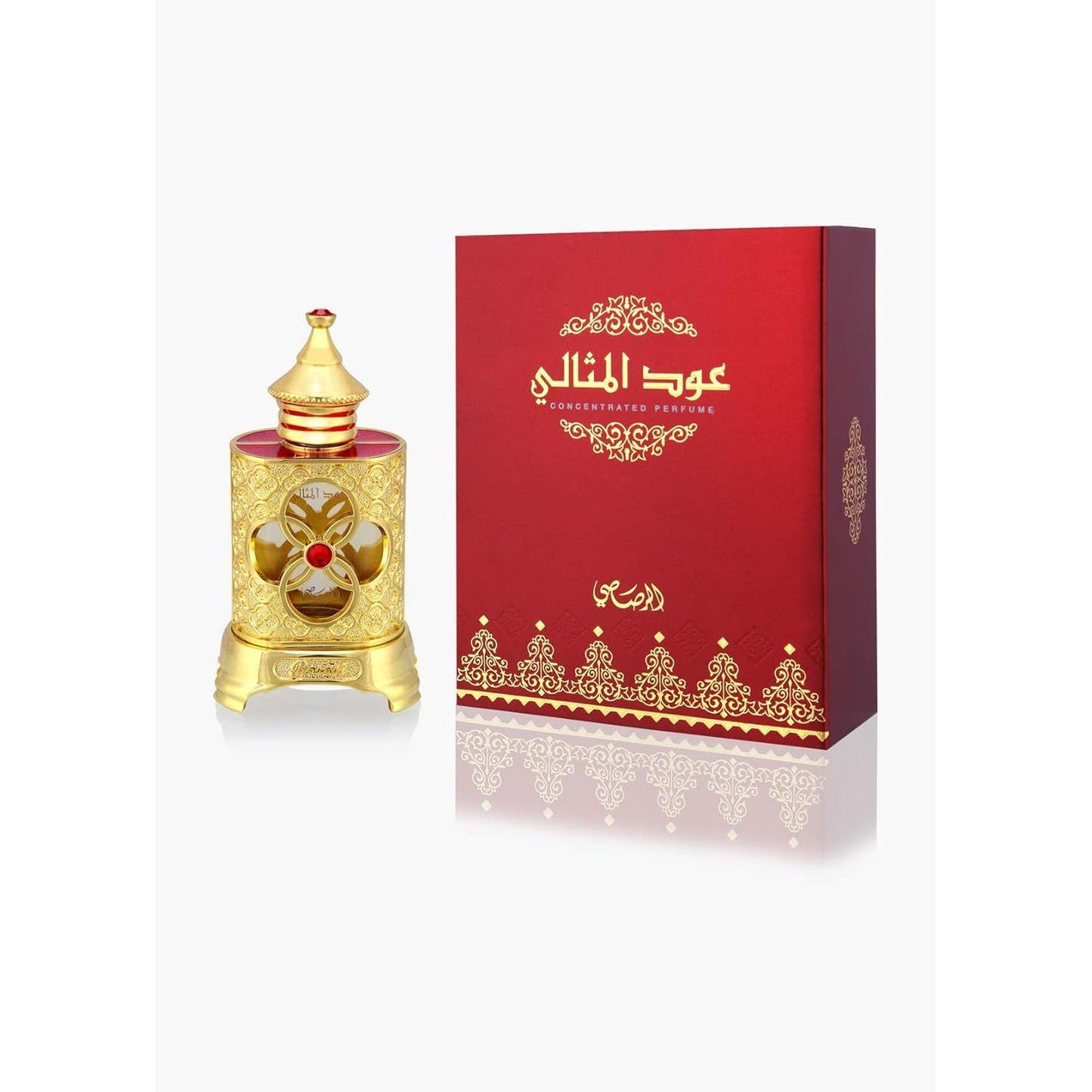 Luxurious gold ornate perfume bottle with red accents and decorative red box, Arabic script.