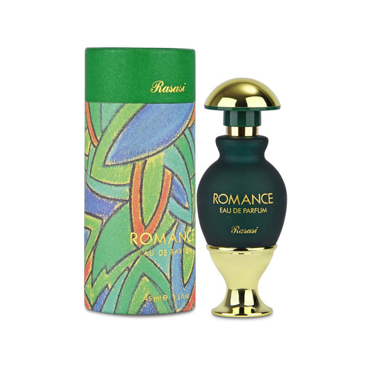 Rasasi Romance Eau de Parfum bottle with green and gold design, 45ml, alongside colorful leaf-patterned box