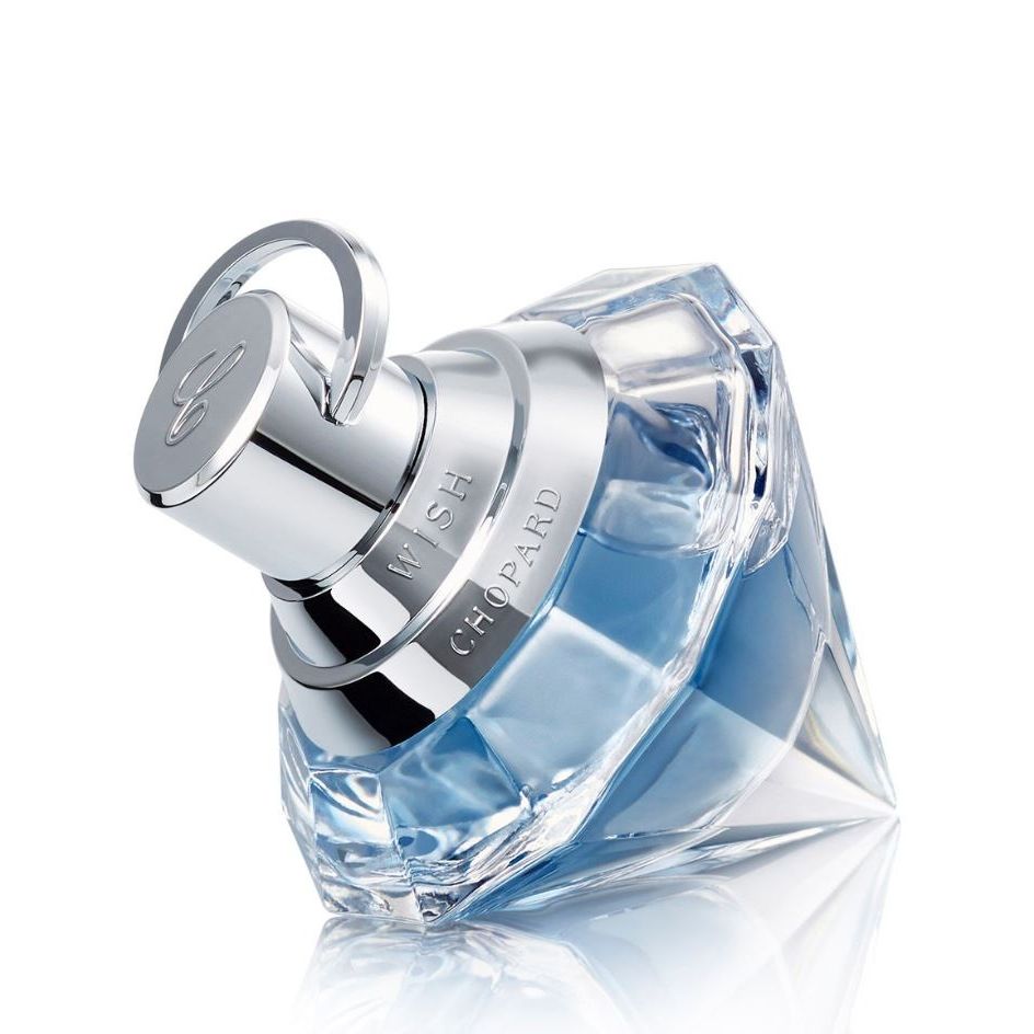 Chopard Wish perfume bottle with blue liquid and silver cap, luxury fragrance photography