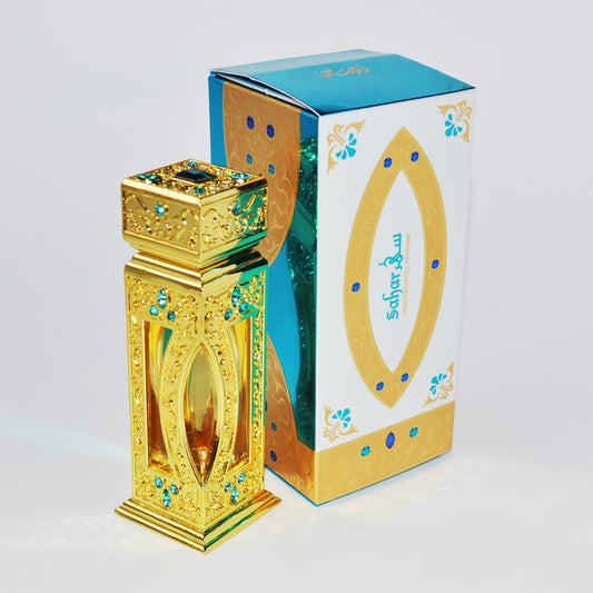 Luxury gold perfume bottle with blue gems, Sahar Concentrated Perfume box, Arabic fragrance design