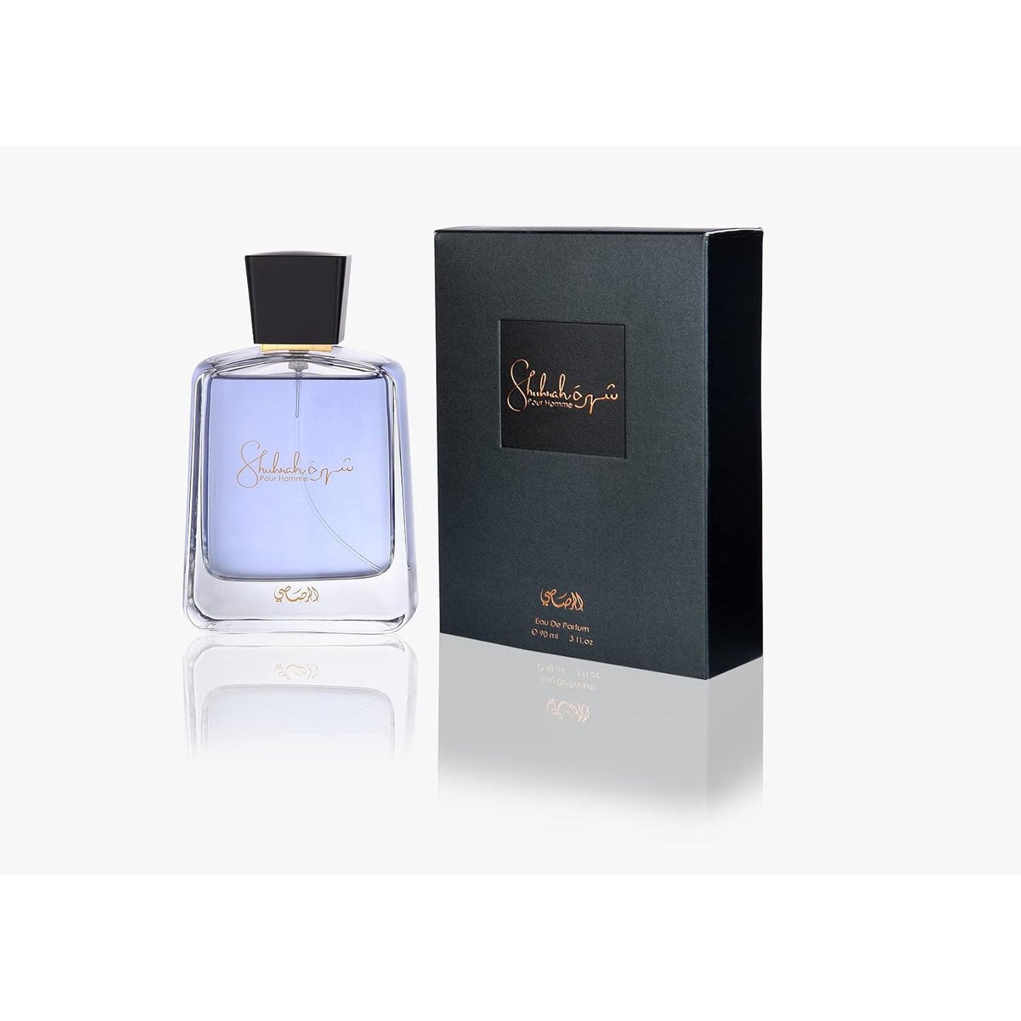 Men's eau de parfum with blue liquid in glass bottle and matching black box