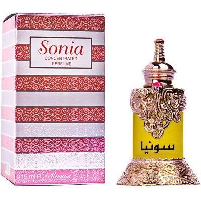 Sonia concentrated perfume bottle with ornate gold design and pink patterned box, luxury Arabic fragrance