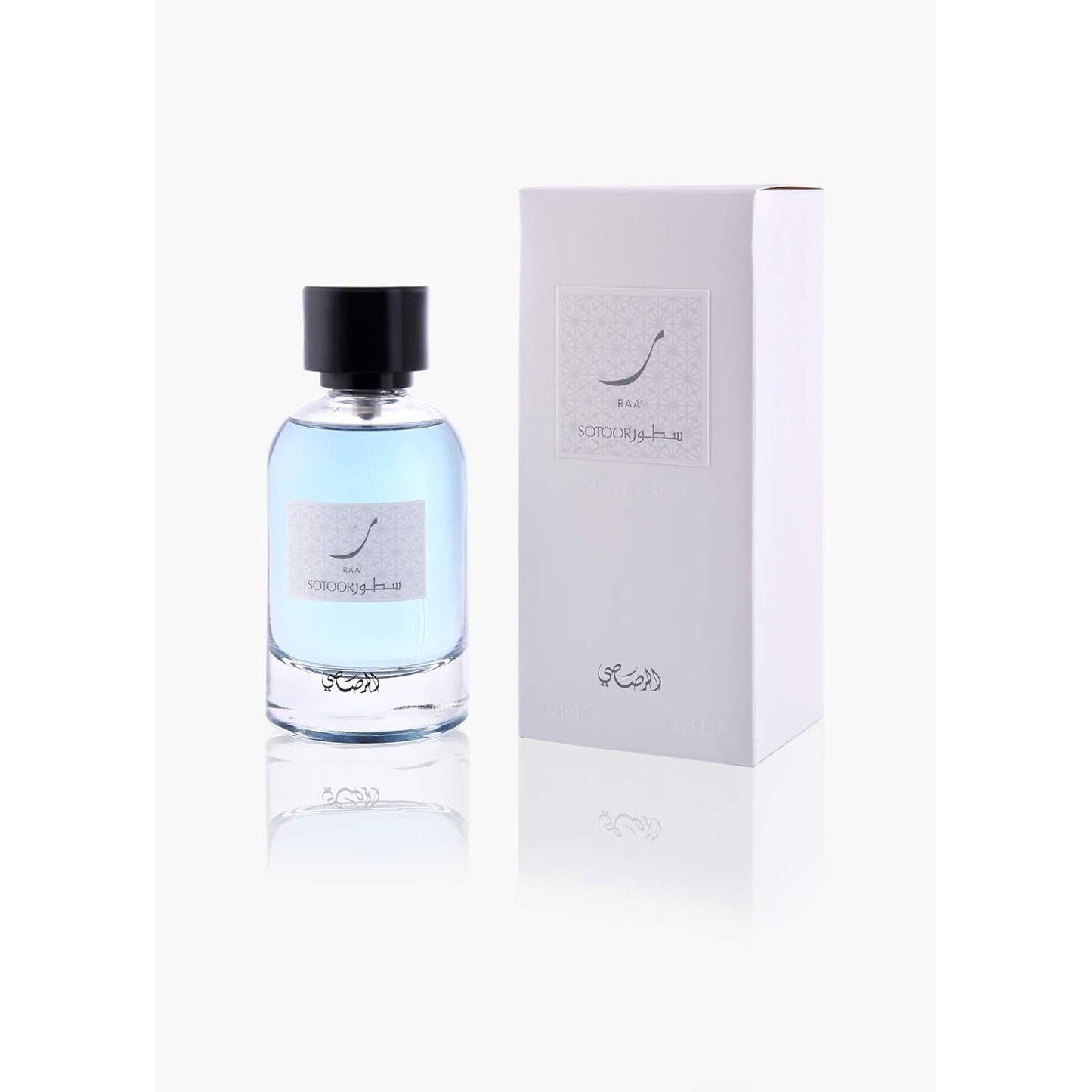 Clear glass perfume bottle with blue liquid and black cap beside white box, SOTOOR RAA fragrance.