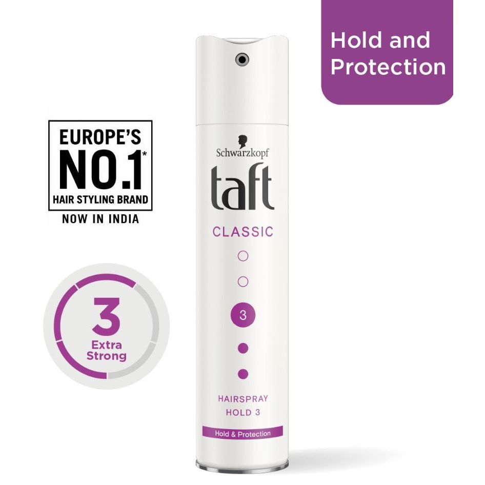 Taft Classic hairspray can, extra strong hold 3, for hair styling and protection.