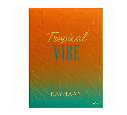Tropical Vibe by Rayhaan 100ml luxury perfume box with gradient orange to green design