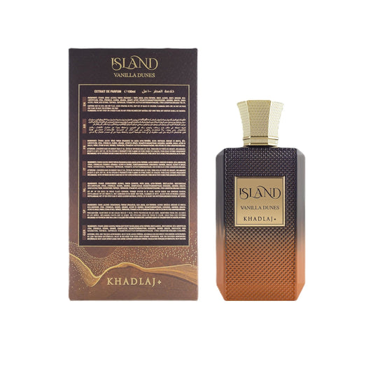 Khadlaj Island Vanilla Dunes perfume bottle and packaging, luxury fragrance for men and women