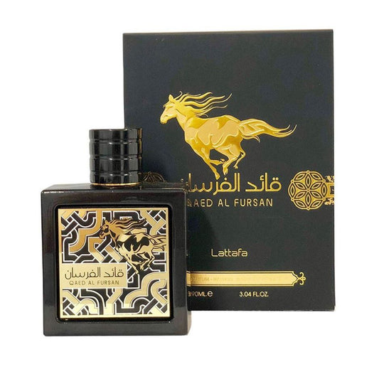Qaed Al Fursan Eau de Parfum by Lattafa, black and gold perfume bottle with box, horse motif