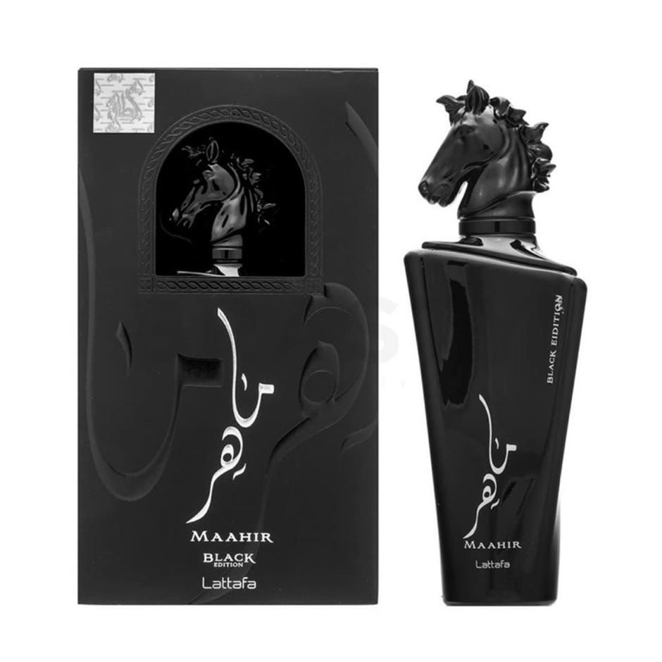 Maahir Black Edition Lattafa perfume bottle with horse head cap and matching black gift box