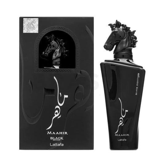 Maahir Black Edition Lattafa perfume bottle with horse head cap and matching black gift box