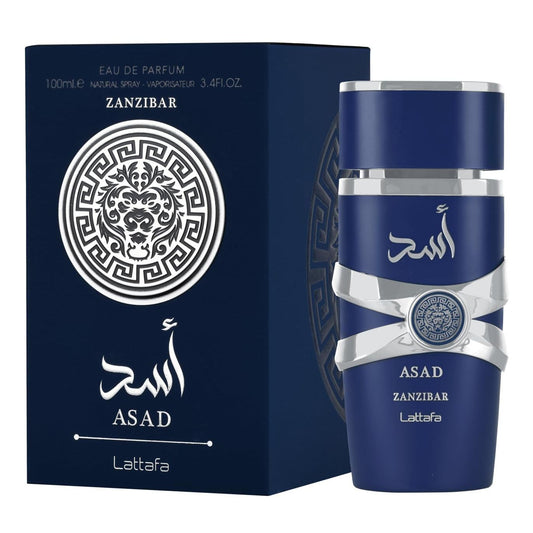 Lattafa Asad Zanzibar eau de parfum in a dark blue bottle and box with lion emblem.