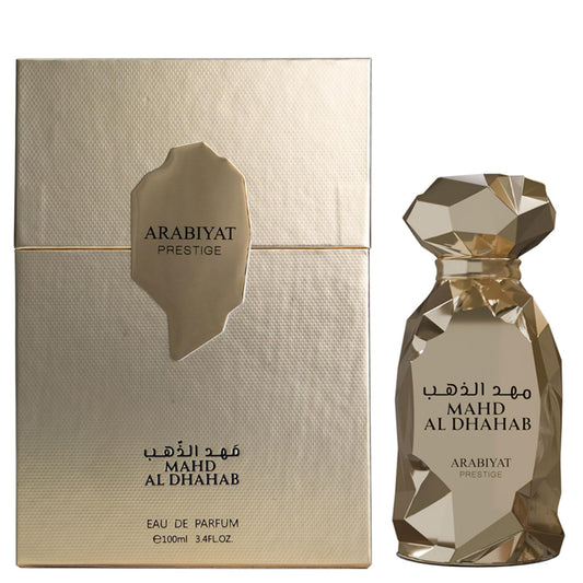 Arabiyat Prestige Mahd Al Dhahab gold textured perfume box and faceted bottle, 100ml
