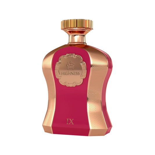 Luxury pink and gold perfume bottle labeled HIGHNESS with elegant embossed details