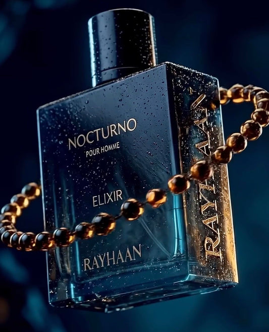 Rayhaan Nocturno Pour Homme Elixir luxury oud perfume bottle with golden beads, dark blue background