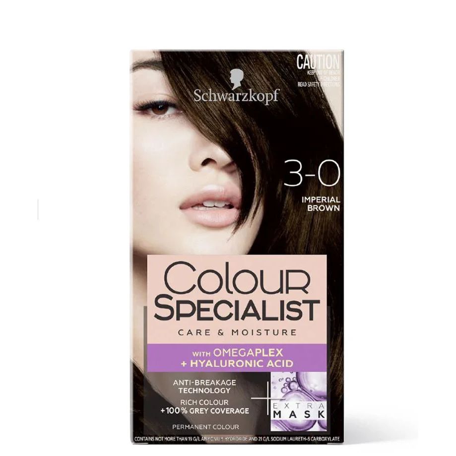 Schwarzkopf Colour Specialist Imperial Brown hair dye box with OmegaPlex, hyaluronic acid.