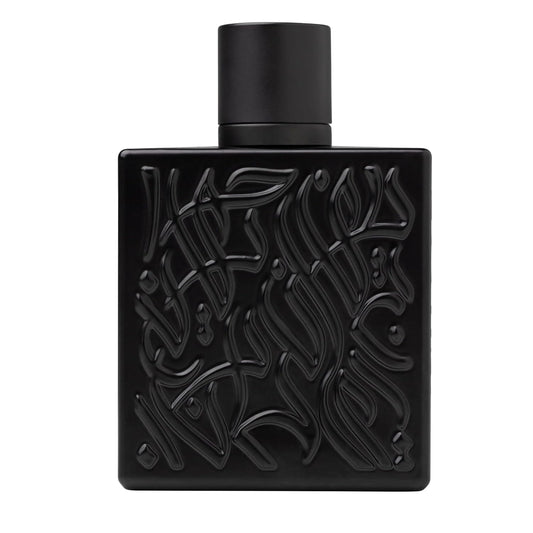 Luxury black perfume bottle with embossed Arabic calligraphy design, featuring long-lasting oud fragrance.