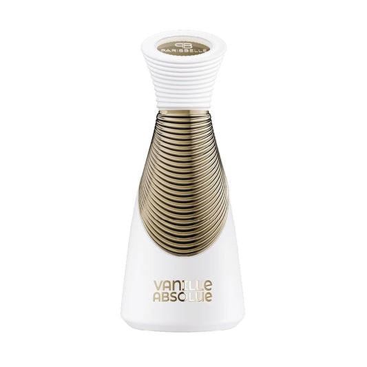 Vanille Absolue luxury perfume bottle with gold spiral design, elegant white and gold fragrance for women