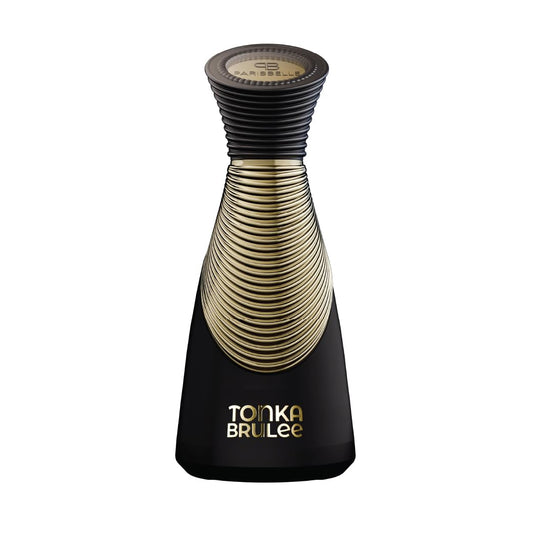 Tonka Brulee luxury perfume bottle with black and gold spiral design, elegant fragrance for women