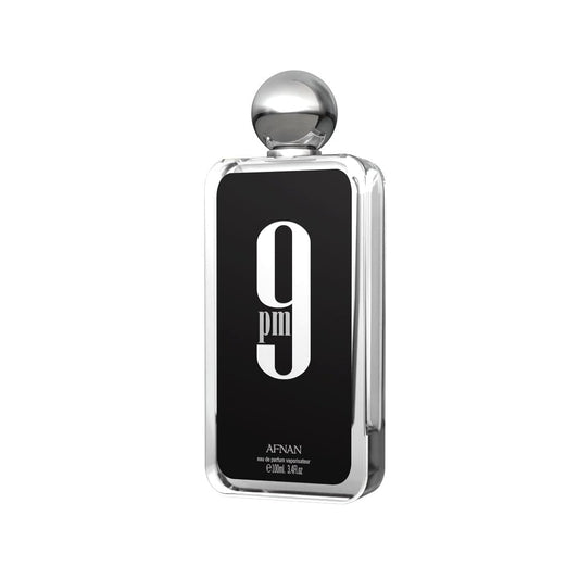Afnan 9PM perfume bottle with black and silver design, 100ml eau de parfum