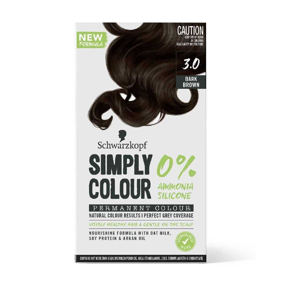 Schwarzkopf Simply Colour 3.0 dark brown permanent hair dye box with ammonia-free formula.
