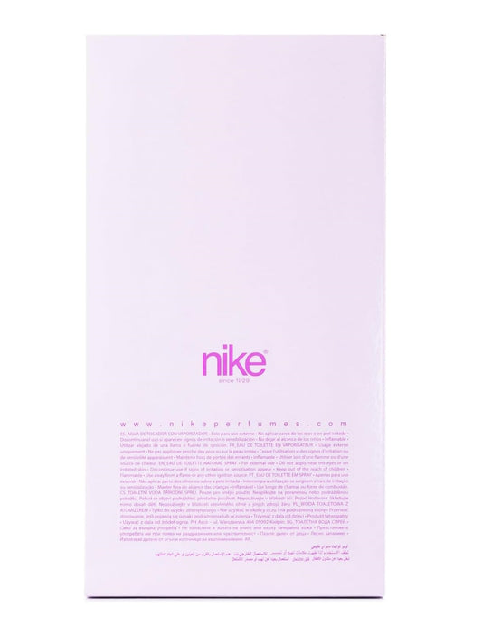 Nike perfume box with multilingual safety instructions, featuring luxury fragrance branding and elegant design