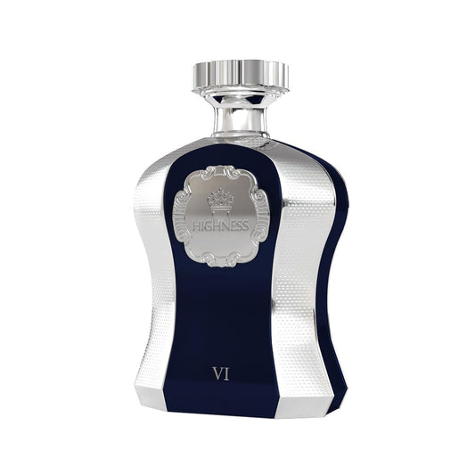 Luxurious blue and silver perfume bottle labeled Highness VI, elegant fragrance packaging