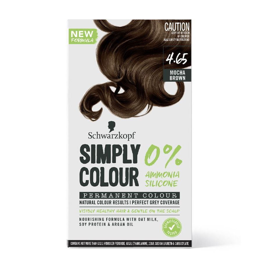Schwarzkopf Simply Colour permanent hair dye box, mocha brown shade 4.65, ammonia and silicone free.