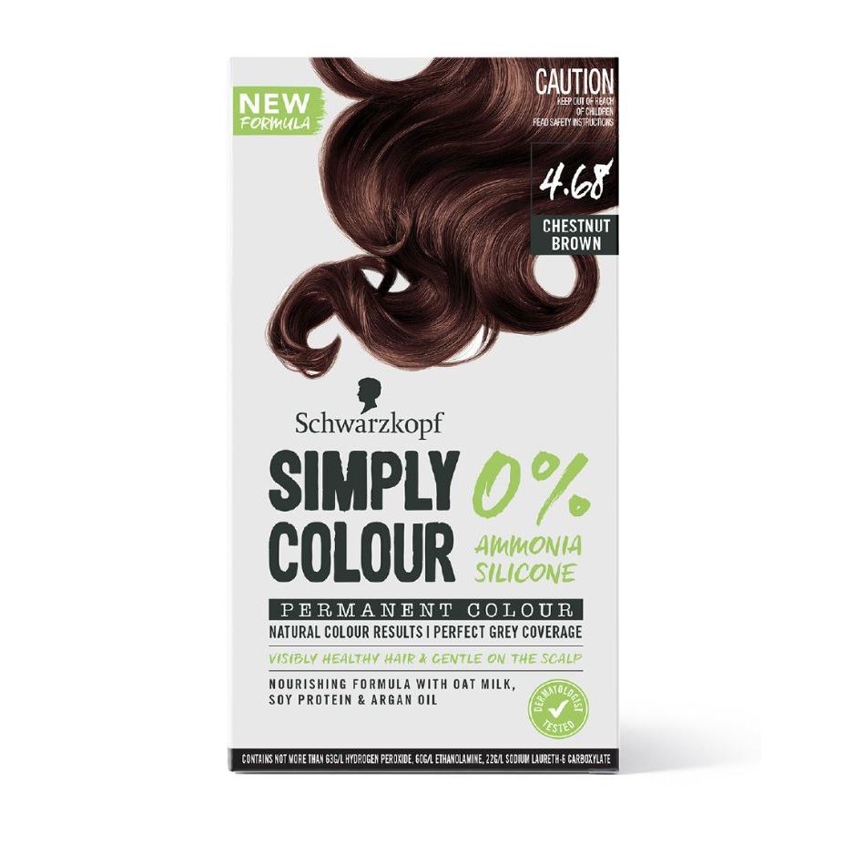 Schwarzkopf Simply Colour 4.68 Chestnut Brown permanent hair dye box with silky brown hair, ammonia-free and silicone-free formula.