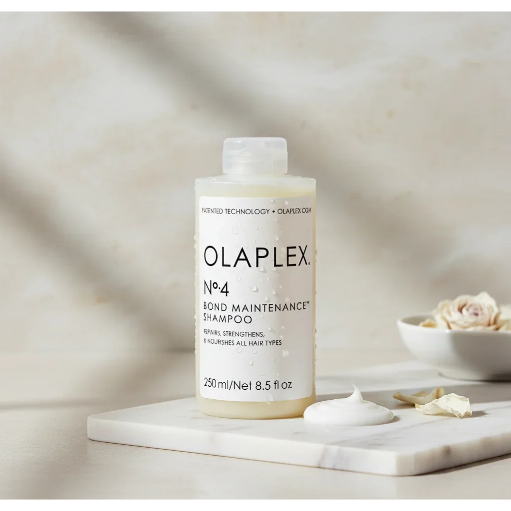 Olaplex No.4 Bond Maintenance Shampoo bottle with cream texture and flowers on marble