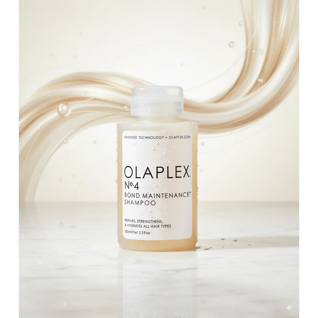 Olaplex No.4 Bond Maintenance Shampoo bottle on marble with swirling liquid background