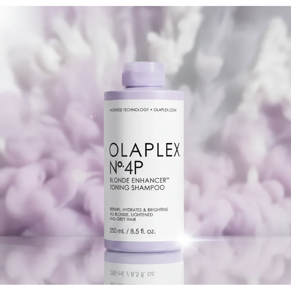 Olaplex No.4P Blonde Enhancer toning shampoo bottle with soft purple background