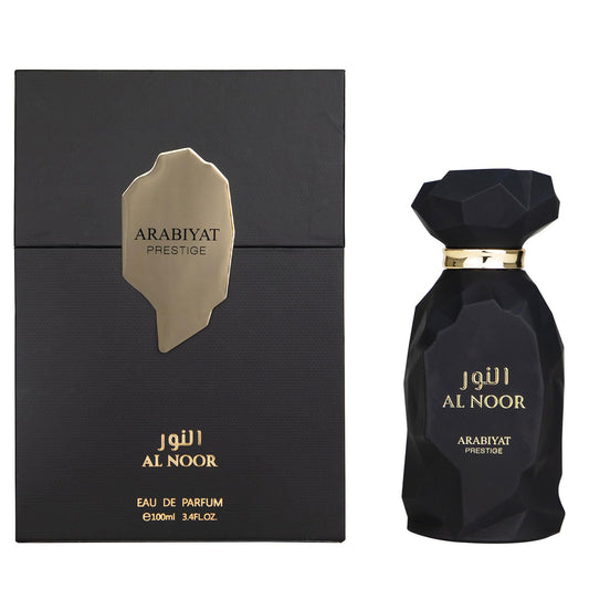 Arabiyat Prestige Al Noor Eau de Parfum black and gold geometric bottle with matching box