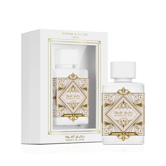 Badee Al Oud Honor & Glory perfume bottle and box with gold geometric design
