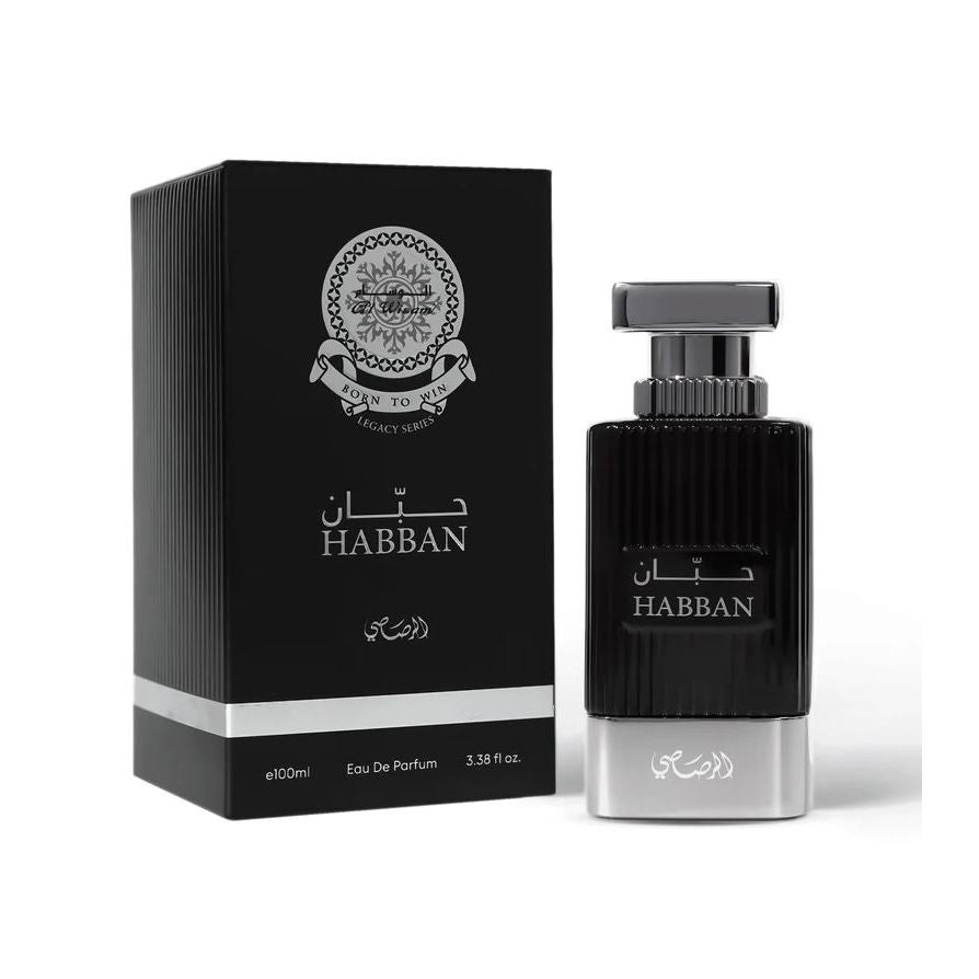 Habban Eau de Parfum 100ml bottle and box, luxury black fragrance packaging