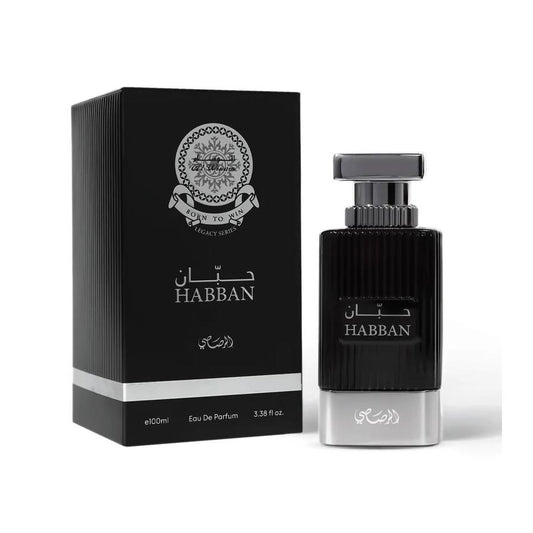 Habban Eau de Parfum 100ml bottle and box, luxury black fragrance packaging