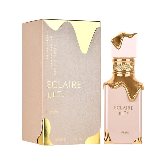 Lattafa Eclaire perfume bottle and box with gold accents, luxury fragrance product