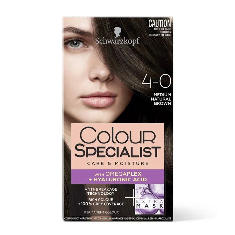 Schwarzkopf Colour Specialist 4-0 Medium Natural Brown hair dye box with OmegaPlex and hyaluronic acid.