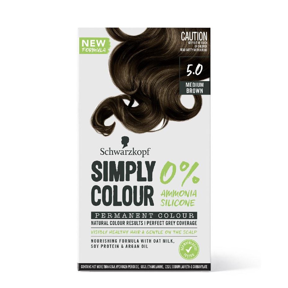 Schwarzkopf Simply Colour 5.0 Medium Brown permanent hair dye box, ammonia-free formula.