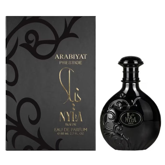 Arabiyat Prestige Nyla Suede black perfume bottle and box with gold accents, 80ml Eau de Parfum