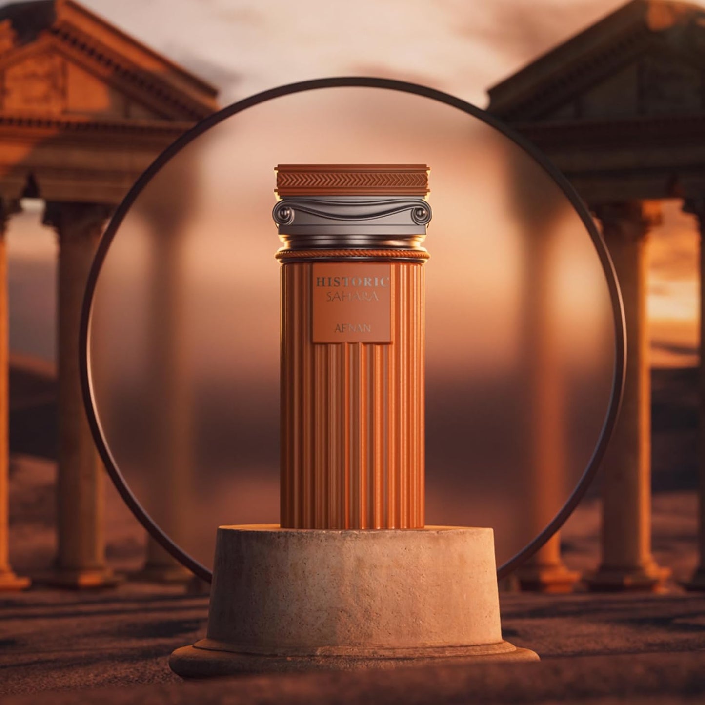 Afnan Historic Sahara perfume bottle on pedestal with ancient columns in sunset background.