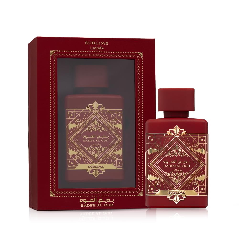 Red and gold Badee Al Oud Sublime perfume bottle and box, elegant geometric design