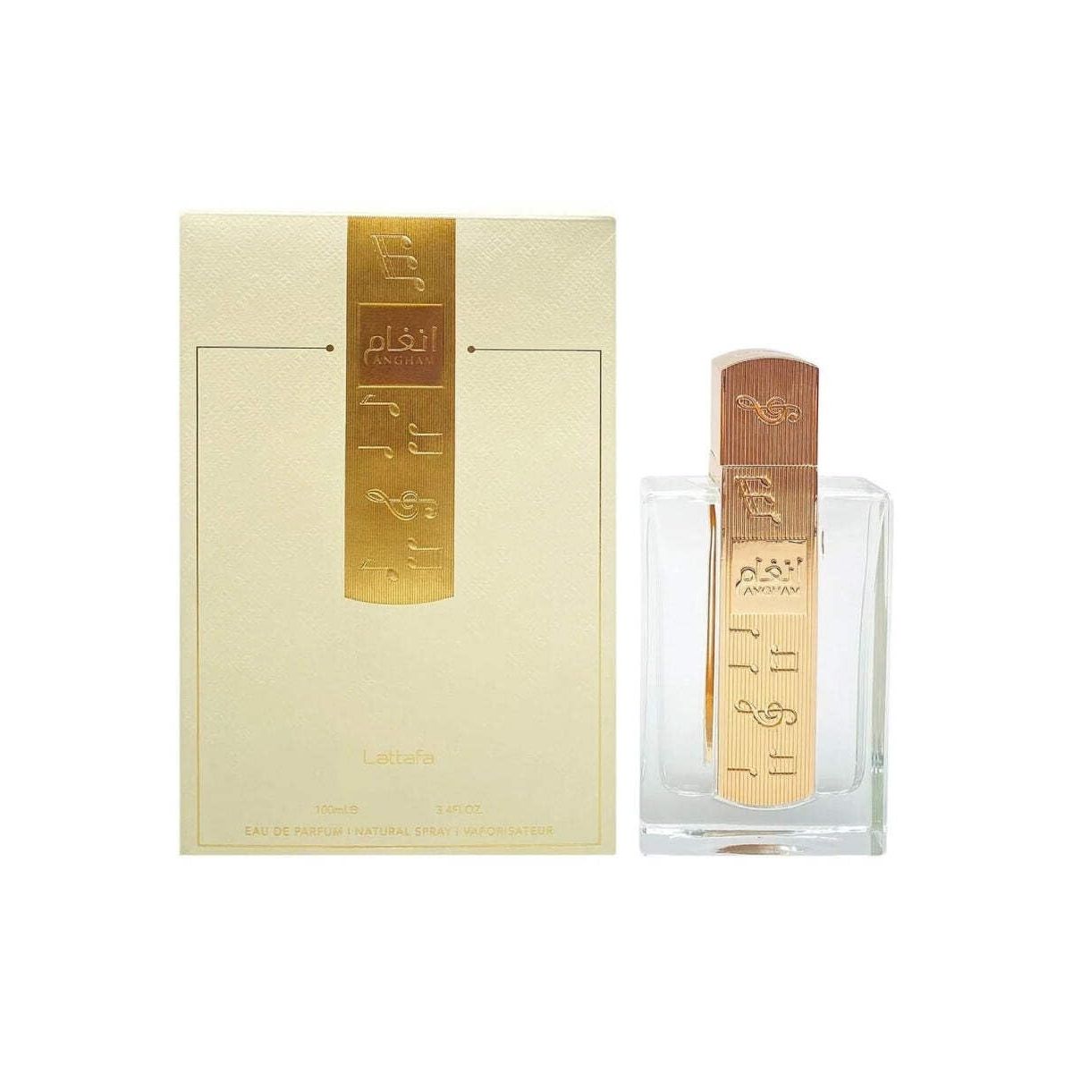 Lattafa Angham perfume bottle and box set with gold accents and musical notes design