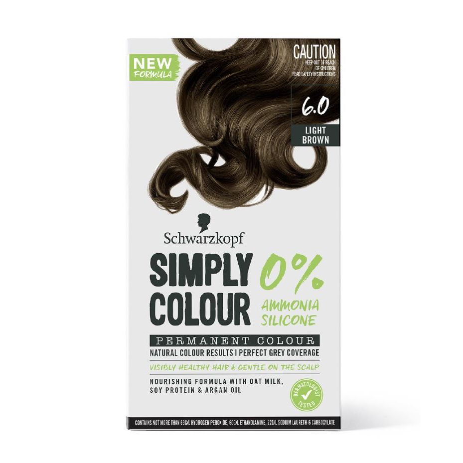 Schwarzkopf Simply Colour permanent hair dye box, shade 6.0 light brown, ammonia-free formula.