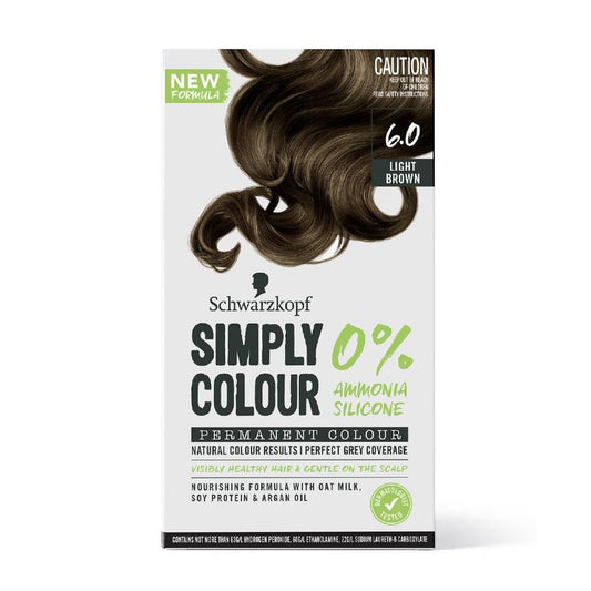 Schwarzkopf Simply Colour 6.0 Light Brown hair dye box, ammonia-free, nourishing formula with oat milk