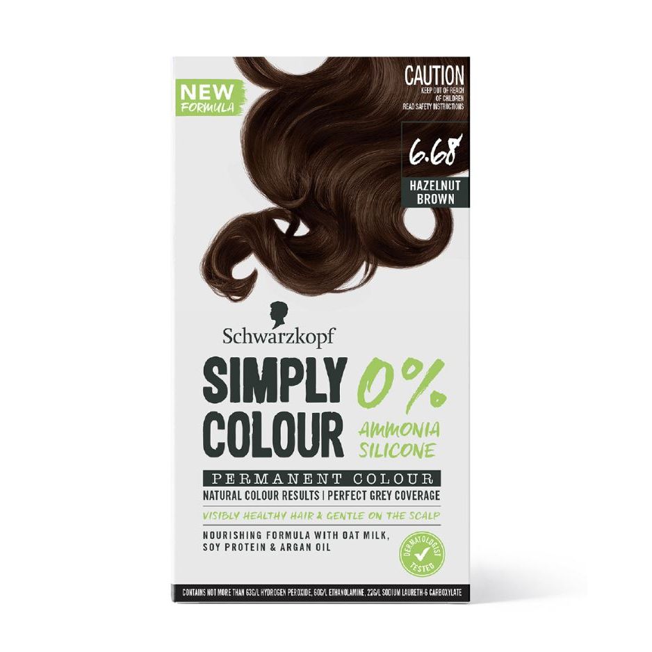 Box of permanent hair color, hazelnut brown shade, labeled ammonia and silicone free.