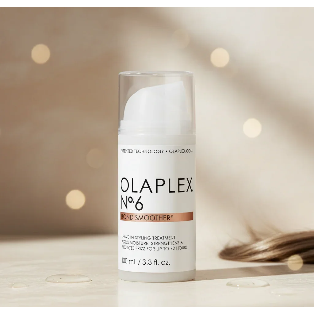 Olaplex No.6 Bond Smoother leave-in hair styling treatment bottle on a light surface
