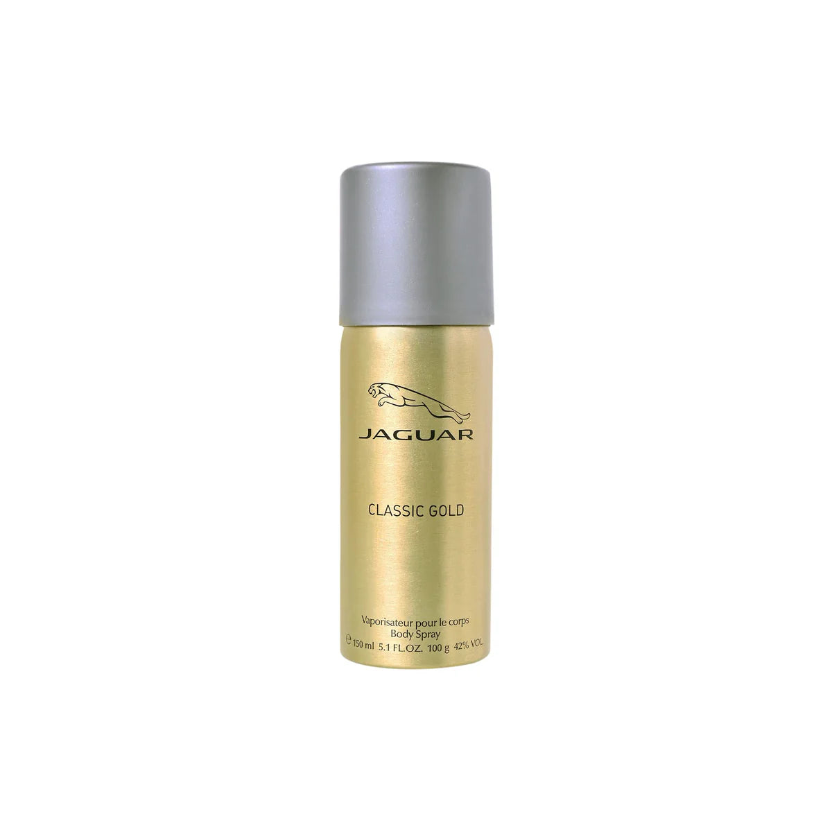 Jaguar Classic Gold body spray can with silver cap on white background